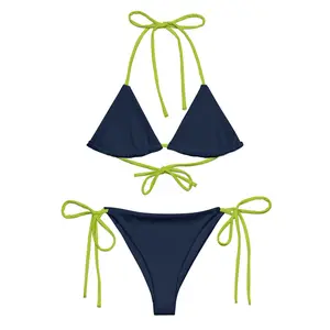 Navy & Lime Green String Bikini Set – Two-Tone Triangle Swimwear | Sporty Adjustable Tie-Side Bathing Suit