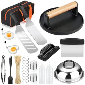 Blackstone Griddle Accessories Kit and Burger Press, 122 PCS Griddle Grill Tools Set for Blackstone Stainless Steel Grill BBQ Spatula Utensils Set with Storage Bag Oil Glossy