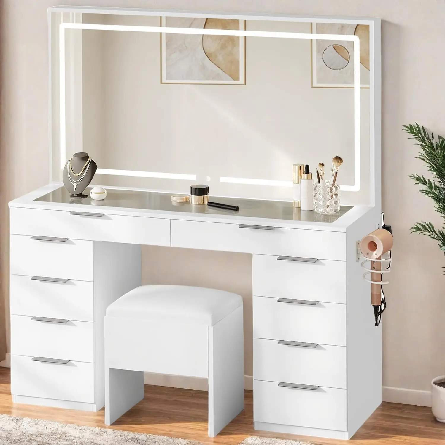 [Live Only] YITAHOME Vanity Desk Set with Large Lighted Mirror and Power Outlet, 46" Makeup Vanity with Drawers and Magnifying Glass, Vanity Desk Set with Storage Bench