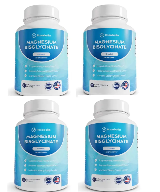 4 Pack Rosabella Magnesium Glycinate – Naturally Supports Deep Sleep, Calm Energy, and Muscle Recovery* 90 capsules
