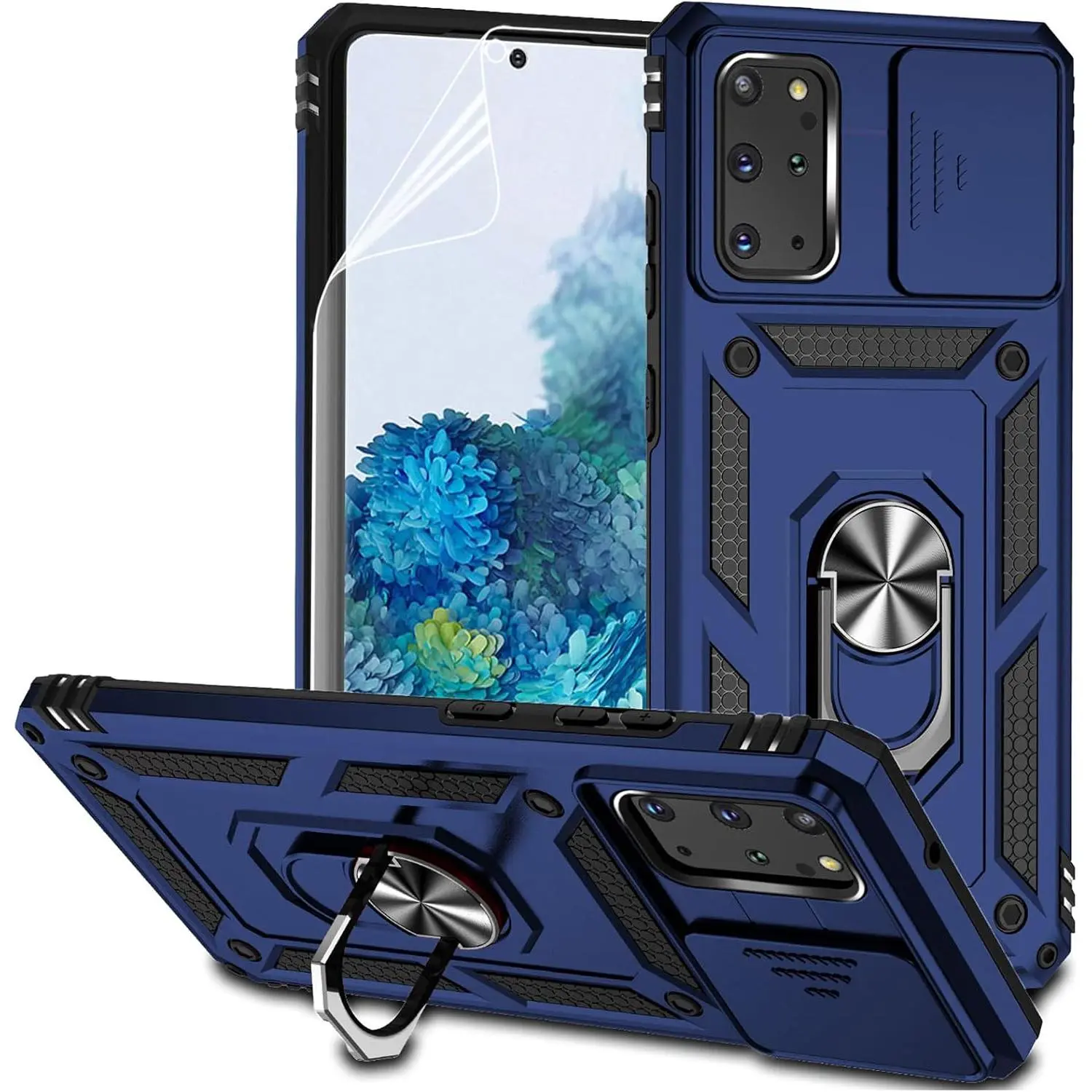 Military-Grade Shockproof TPU & Metal Casing for Samsung Galaxy S20+ Plus 5G with Camera Lens Cover, HD Screen Protector, Magnetic Ring Holder Kickstand (Navy Blue) - Phone Protection Accessories
