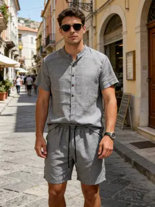 Men's Casual Minimalist V-Neck Shirt & Shorts 2-Piece Set, New 2026 Style, Comfortable and Breathable, Perfect for Vacation and Daily Wear