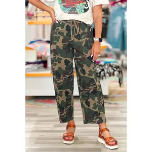 Green Camouflage Print Drawstring Patch Pocket Barrel Jeans
