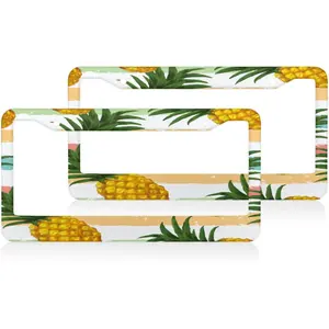 Stripe Summer Pineapple Pattern License Plate Frame - 2 Pcs Universal Accessories Cars Decor with 2 Holes and Screws Fits Us Standard License Plates 12.2x6.3 Inch ﻿