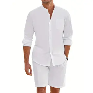 2-count Linen-Cotton Outfit Set for Men - Breathable, Casual Long Sleeve Button-Down Shirt and Drawstring Waist Shorts - Perfect for Summer Beachwear, Machine Washable, Regular Fit, Solid Color, Non-Stretch Fabric