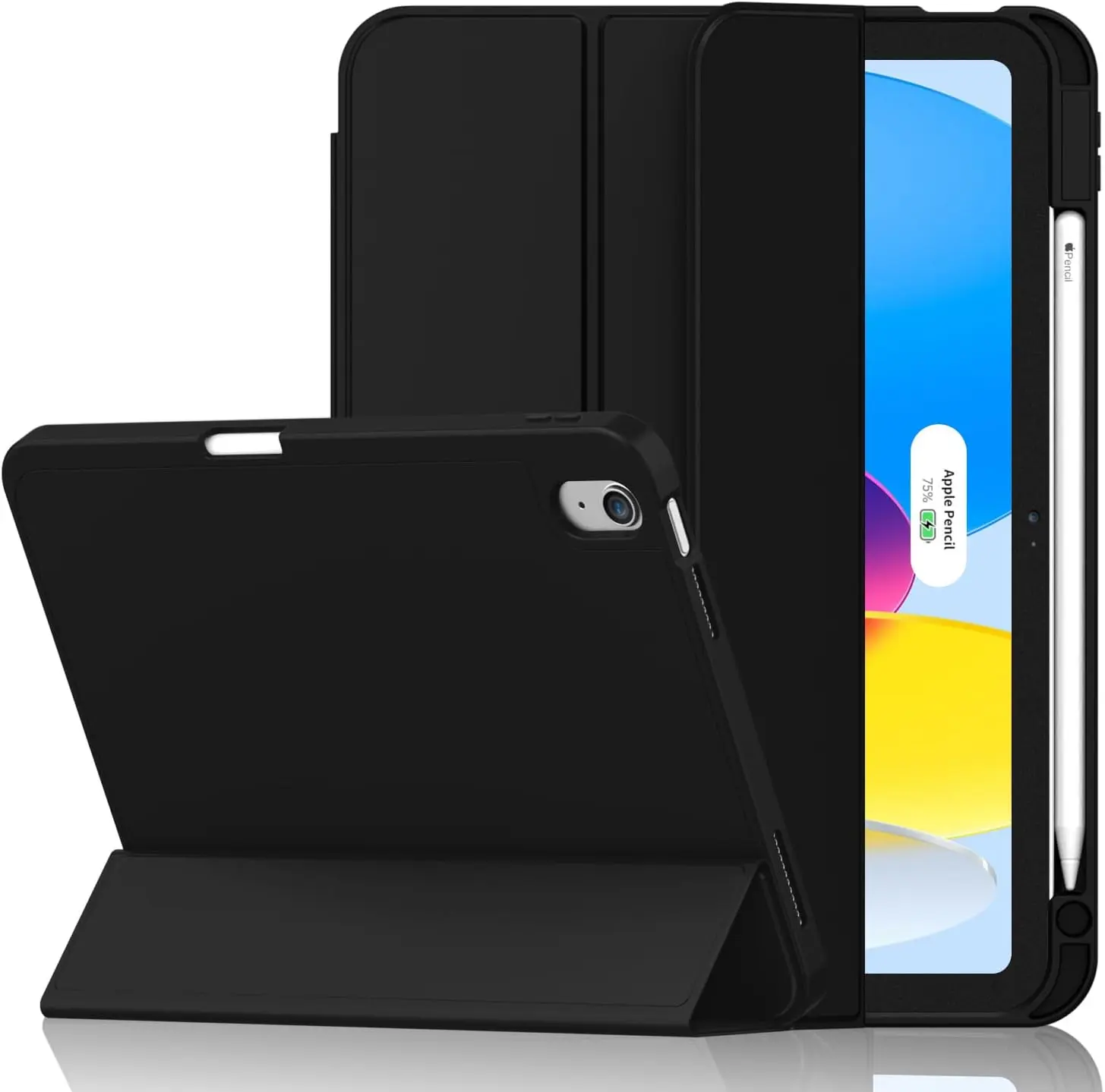 Case for iPad (A16)/iPad 10th Generation [11-Inch 2025/10.9 Inch 2022], Trifold Stand Smart Cover with Pencil Holder and Soft TPU Back, Supports Touch ID(Black)