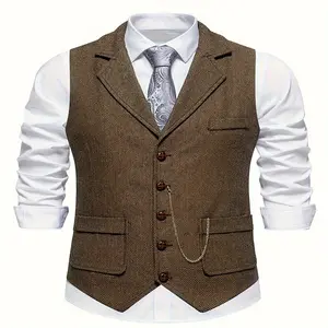 Men's Herringbone Tweed Single-Breasted Lapel Vest with Chain Detail - Stylish Brown Suit for Business or Formal Occasions, Machine Washable, Layering Piece | Notched Design Polyester Blend tuxedo baggy  prom custom  suit