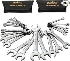 Thin Open End Wrench Set, Bike Wrench Set with Rolling Pouch, 19-Piece SAE & Metric, Stainless Steel, 1/4" to 1-1/16" & 5.5mm to 27mm for Mechanics, Gift, Spring Glow Up