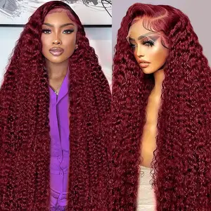 280 Density 99J Burgundy Lace Front Wigs Human Hair 13x6 Deep Wave Pre Plucked Red Colored Real Human Hair Wigs for Women
