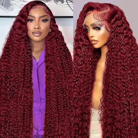 Women's 13x6 Pre-Plucked Frontal Lace Wig - 99J Burgundy Human Hair Deep Wave, 250 Density, Natural Edge, Heat Resistant Hair Color Wigs