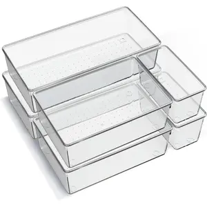 6 Pack Large Clear Plastic Drawer Organizer Trays, Acrylic Kitchen Drawer Organization and Storage Dividers, Multi Compartment Design, Non-Slip Storage Bins for Makeup, Kitchen Utensils, Bathroom, Jewelries and Office Desk, Makeup Tool Organizer, Boxes