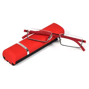 Stylish Half Frame Reading Glasses for Women Ladies, Half Lens Lightweight Rectangle Metal Portable Readers with Cases, Red +2.5