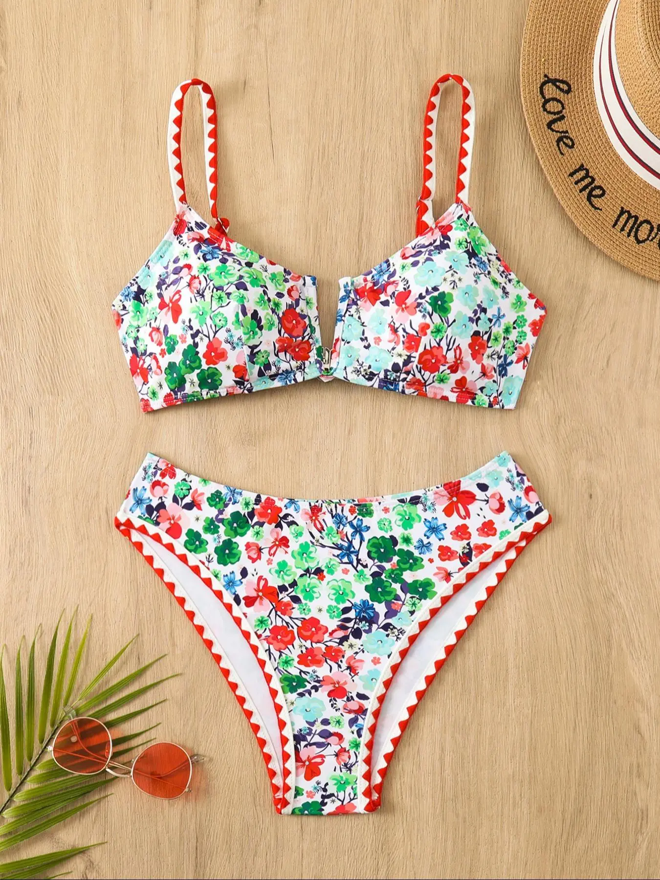 Women's Bold Floral Print Bikini Set, Chic High-Waisted 2-Piece Fabric Swimsuit for Beach Holiday, Bikini Swimsuits, Fabric Bikini Set