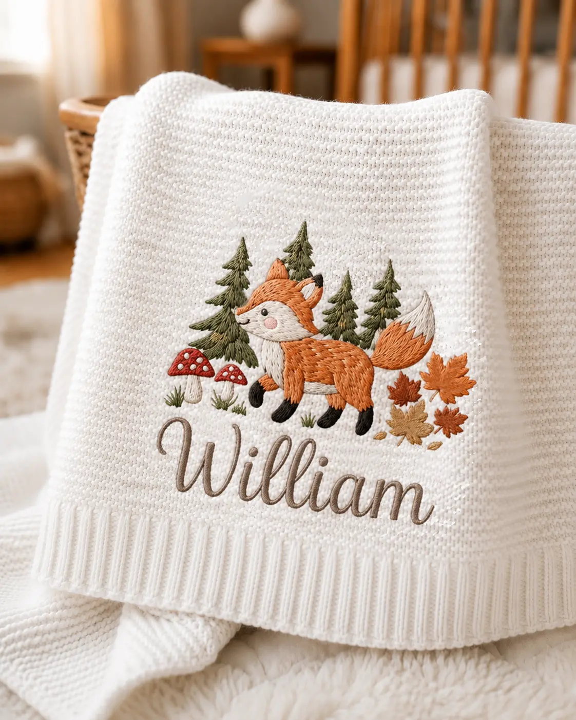 [Made-to-Order] Personalized Fox Embroidered Baby Blanket, Custom Name Woodland Knit Blanket, Fall Forest Nursery Keepsake, Baby Shower Gift