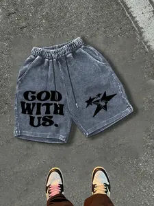 Men's Summer Comfortable Outdoor Shorts with Pockets, Vintage Rustic Snowflake Print, Star Letter Graphic Design, Stylish Streetwear for Daily and Outdoor Activities