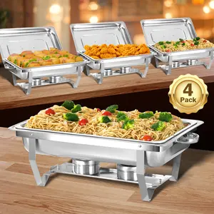 Chafing Dish Buffet Set 4 Pack 8QT Stainless Steel Food Warmer Chafer Complete Set with Water Pan, Chafing Fuel Holder for Party