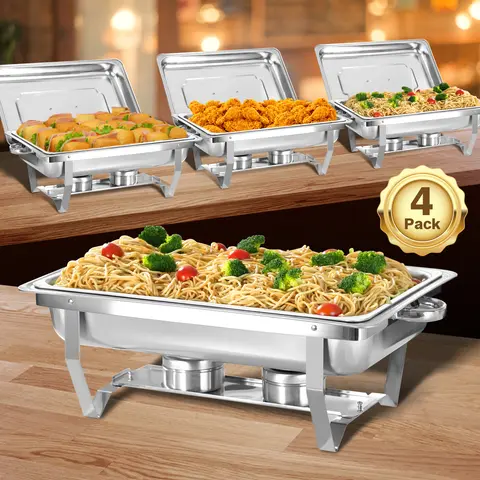 Stainless Steel Chafing Dish Buffet Set - 4-Piece 8QT Kitchen Thermal Food Warmer, Kitchen Cooking Equipment with Handle, Water Pan Simmer Function, Fuel-Holder Heat for Steady Warming & Party Serving
