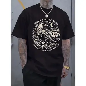 [100% Cotton] Men's Casual Short Sleeve T-Shirt with Crow Graphic Print & "Crows Before Bros" Slogan - White Regular Fit Summer Tee, Machine Washable Round Neck Top for Casual Attire  Golf Gift T-Shirt For Men and Women