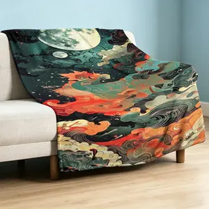 Oriental Wave Moon Cloud Blanket, Ultra Soft Fleece Throw for Sofa, Japanese Art Lover Gift for All Season