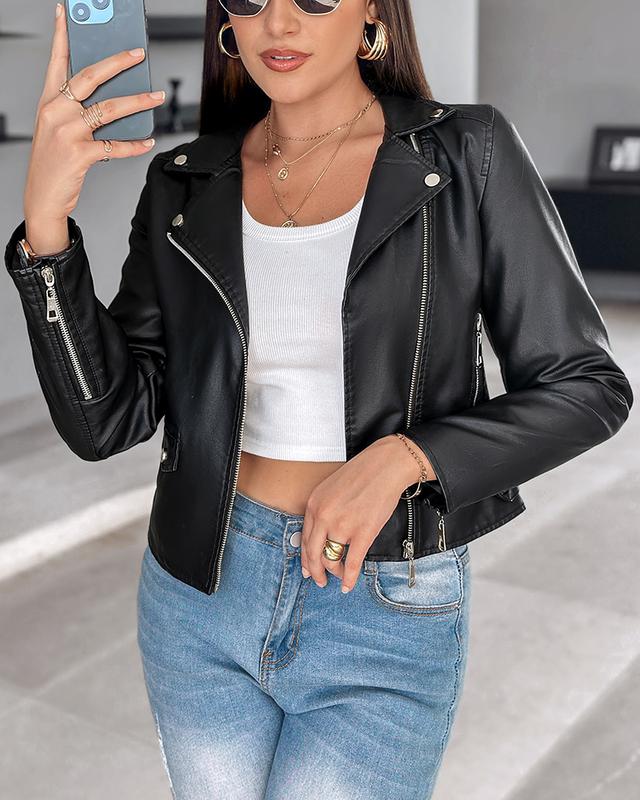 ChicMe Women's PU Leather Notched Collar Long Sleeve Zip Up Biker Jacket Casual Crop Coat