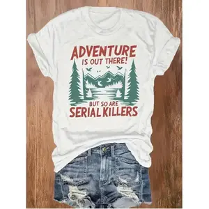 Women's Casual Short Sleeve T-Shirt - "Adventure Is Out There!" Mountain Lakes Graphic Print, Round Neck Summer,Machine Washable Outdoor Enthusiast Apparel, Everyday Comfort, Relaxed Fit