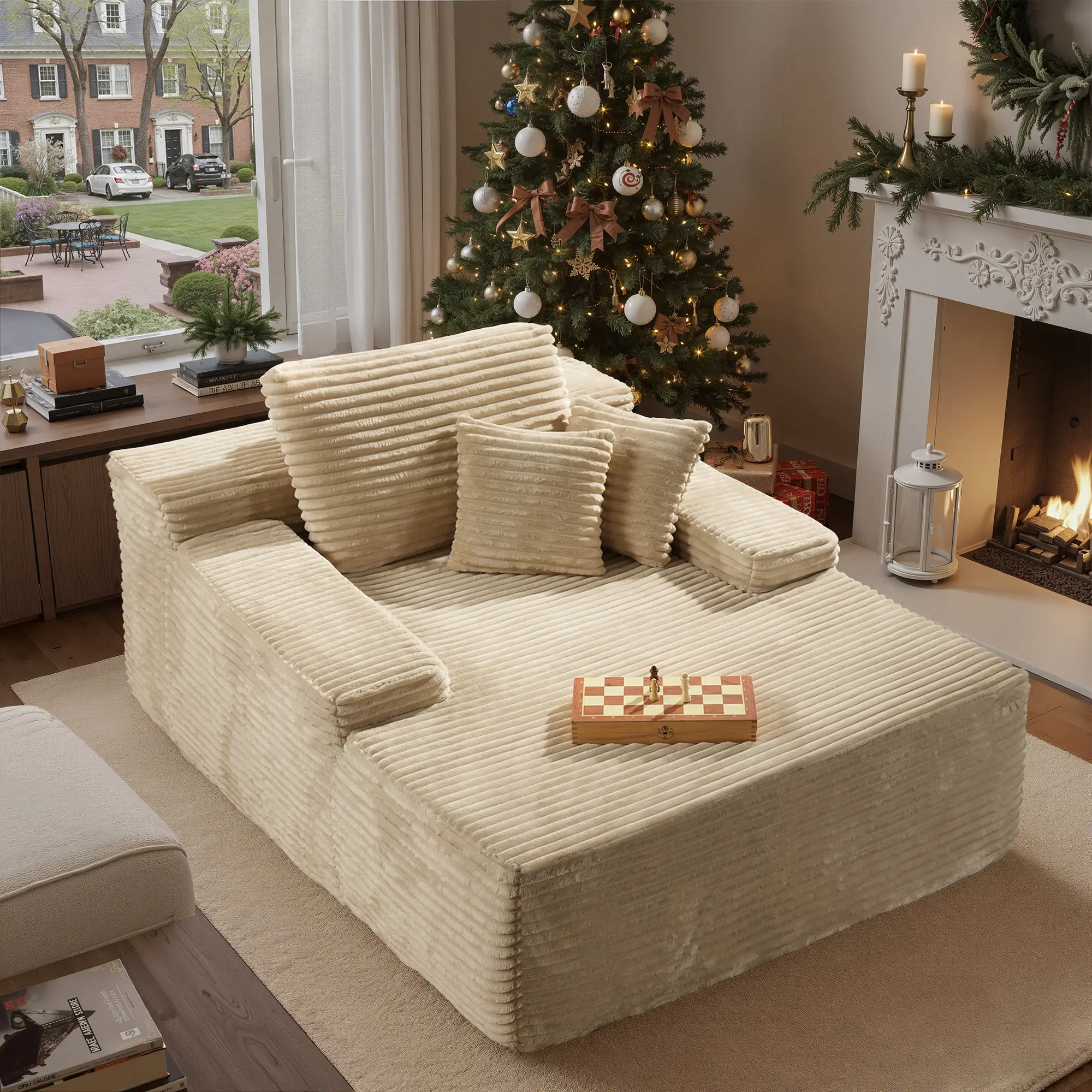 Single Chaise|Beige Plush Corduroy