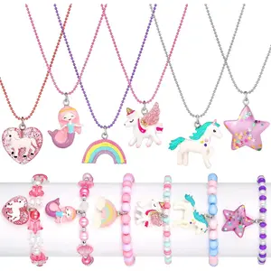 SQ-NKL002 12 Pcs little Girls Jewelry Kids Necklaces and Bracelets Set Kids Jewelry for Girls Christmas Gift Cute Charm Toddler Bracelets for Pretend Play Dress Up Party Favors