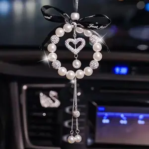 Pearl Rhinestone Car Pendant, Elegant Rearview Mirror Charm, Bear Clover Heart Moon Decor, Suitable for Women Aged 25-55