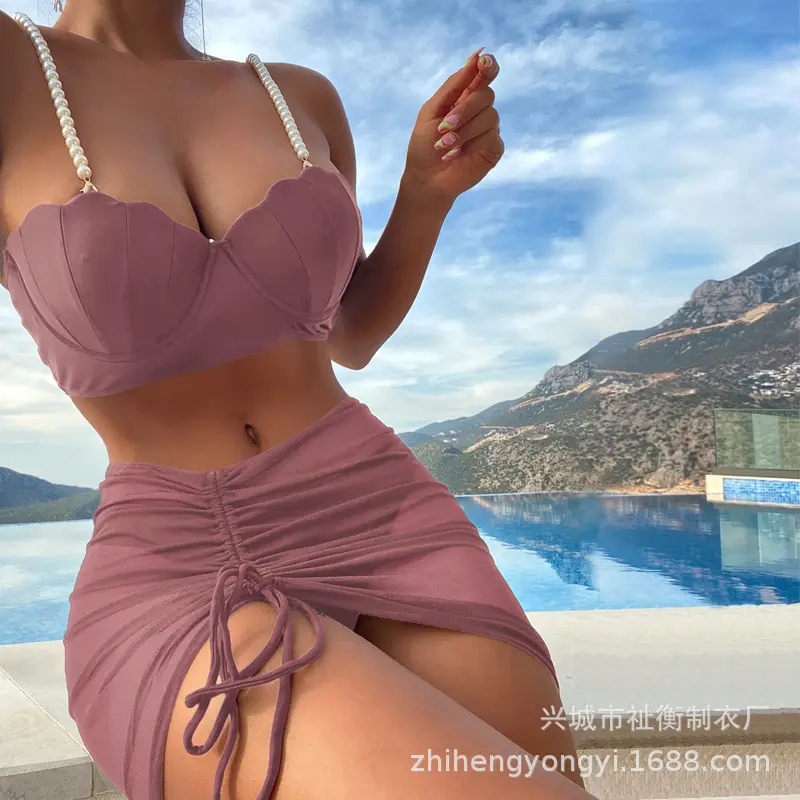 Women's Solid-Color Three-Piece Bikini Set-Corset-Style Tankini with Skirt, Summer Sun-Protective Swimwear Perfect for Beach Swimming