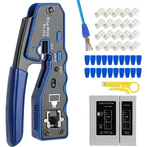 RJ45 Crimp Tool Kit Pass Thru Ethernet Crimper for Cat5e Cat6 Cat6a 8P8C Modular Connectors, All-in-One Cat6 Crimping Tool and Tester(9V  Not Included)