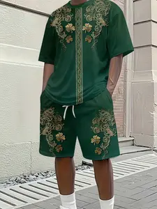 Men's 3D Digital Print Two-Piece Set, Saint Patrick's Day Gold Pattern Shamrock Print Short-Sleeve Set, Trendy Casual Two-Piece, Beach Vacation Style Fashion Outfit, Lightweight and Breathable Sporty Casual Style, Perfect Gift for Men on Festivals