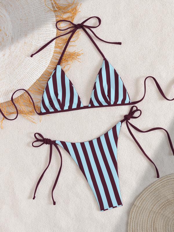 Trendy Brown & Light Blue Striped Triangle Tie-Side Bikini Set - Adjustable Two-Piece Swimwear Swimsuit with Flattering Fit, Perfect for Beach Vacations, Pool Days & Summer Getaways