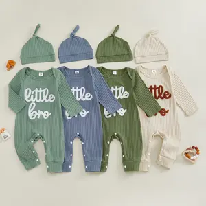 Newborn Coming Home Baby Boy Outfits Little Bro Letter Print  Rompers Long Sleeve Knit Fall Clothes with Hat