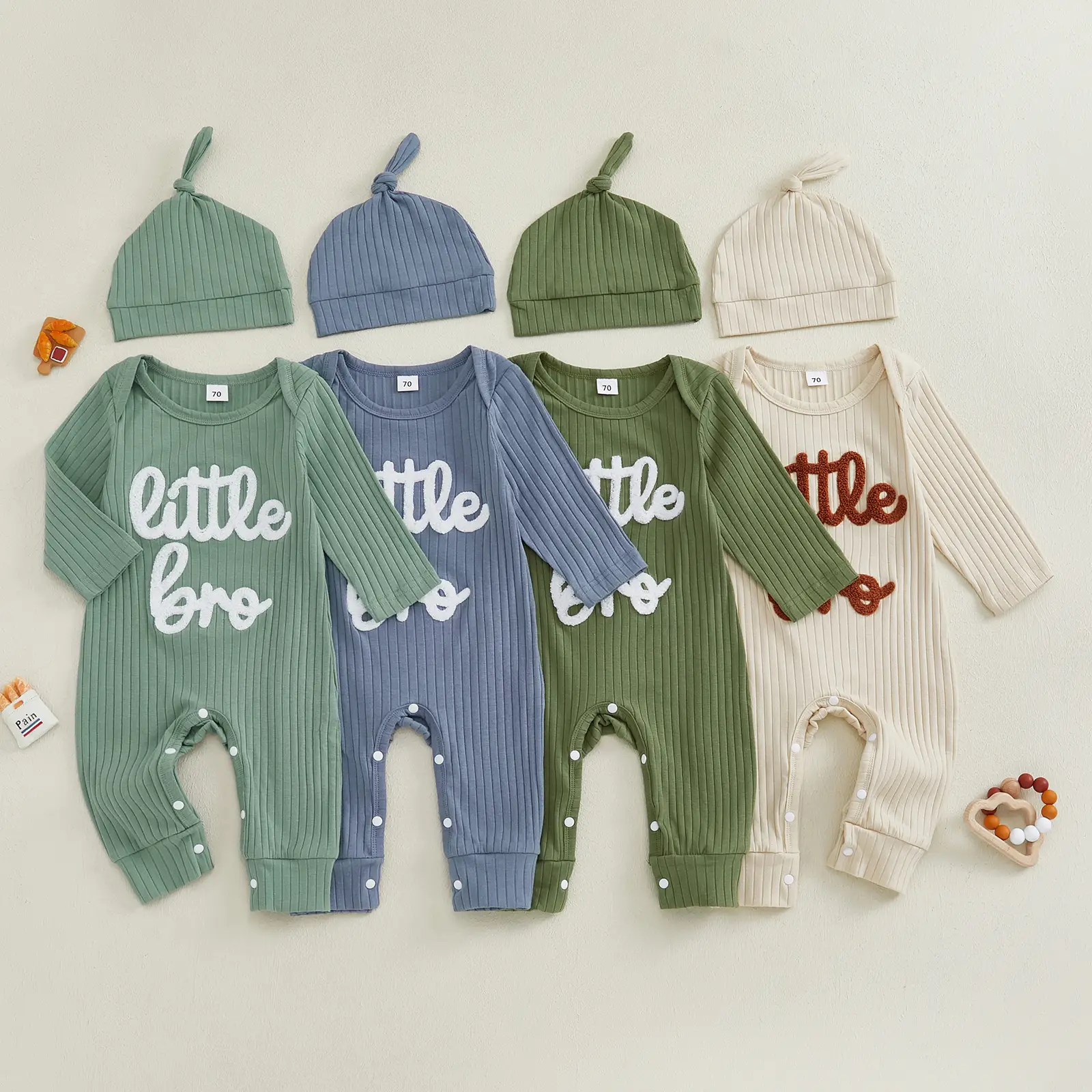 Newborn Coming Home Baby Boy Outfits Little Bro Letter Print Rompers Long Sleeve Knit Fall Clothes with Hat