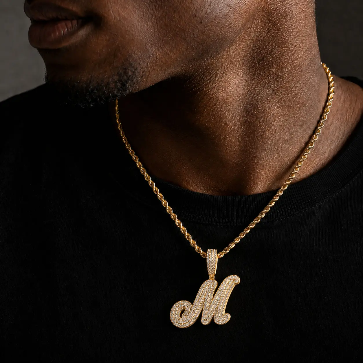 Chunky Hip Hop Letter Pendant Necklace, Full Cubic Zircon Bling A-Z English Letter Pendant Necklace For Men And Women 14k Gold Plated Cz Stone Unisex Gift Cursive Initials Charm Jewelry Iced Out Luxury Bijoux