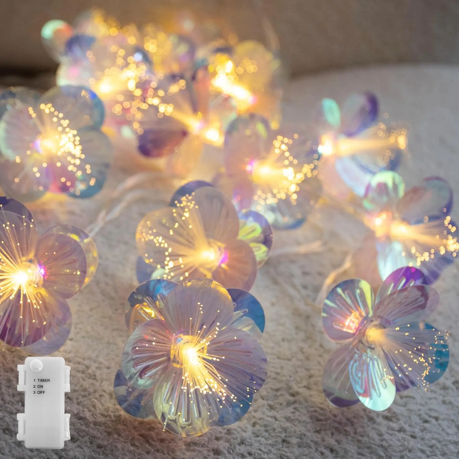 Fiber Optic Flower String Lights Battery Operated with Timer, 6.5ft 10 LED Flower Garland Lights Fairy Lights for Room Table Wedding Christmas Easter Décor
