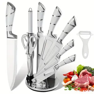 9pcs Kitchen Knives Set with Acrylic Stand Professional Chef, Bread, Cleaver, Paring, Utility Knife And Scissors Sharpener Peeler Stainless Steel Ultra Sharp Non-stick Ergonomic Handle for Cutting Meat Slicing Chopping Vegetable#Summervibes