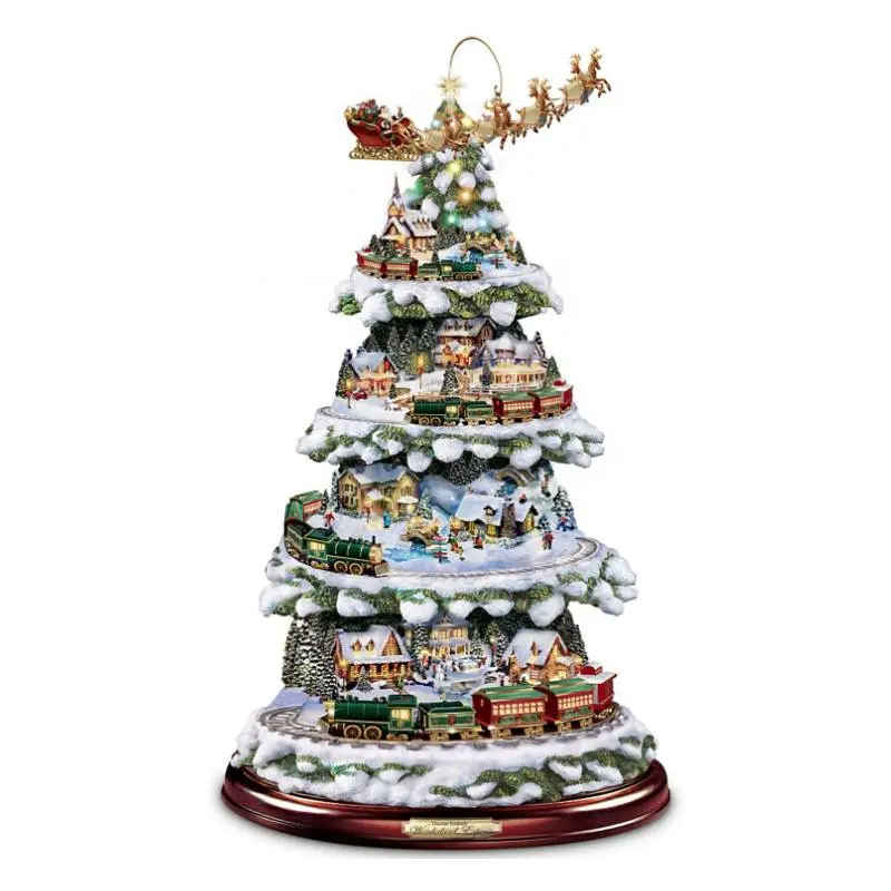 Thomas Kinkade Wonderland Express Animated Tabletop Christmas Tree with Lights Moving Train and Music Featuring Santa Sleigh and Snowy Village