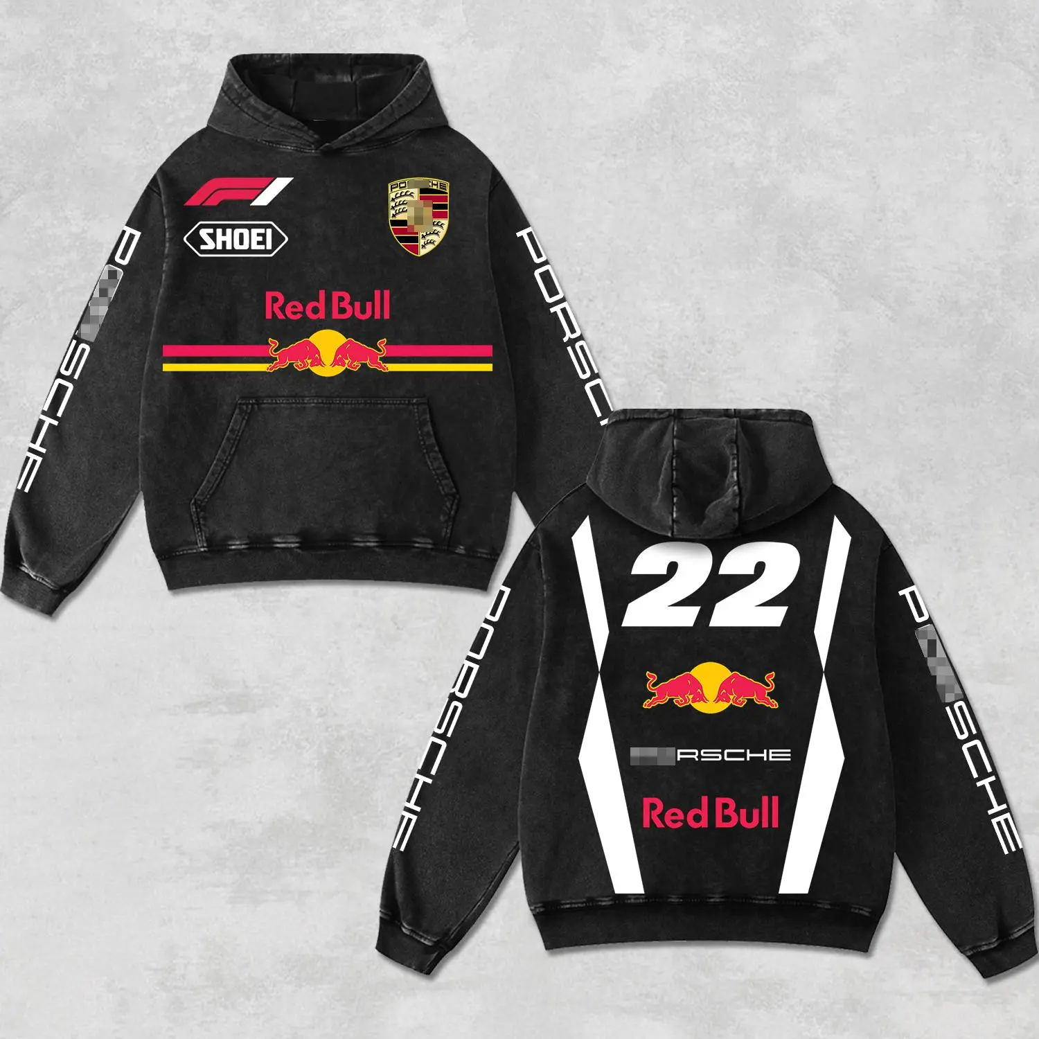 Retro 22 RedBull Racing Hoodie Black Acid Washed, Shoei MotoGP Enthusiast, Motorsport Biker Graphic Streetwear, Heavyweight Sweatshirt, Retro Moto Gear Apparel Men’s Grunge Y2K Racing Jacket Style Oversized Vintage Clothes