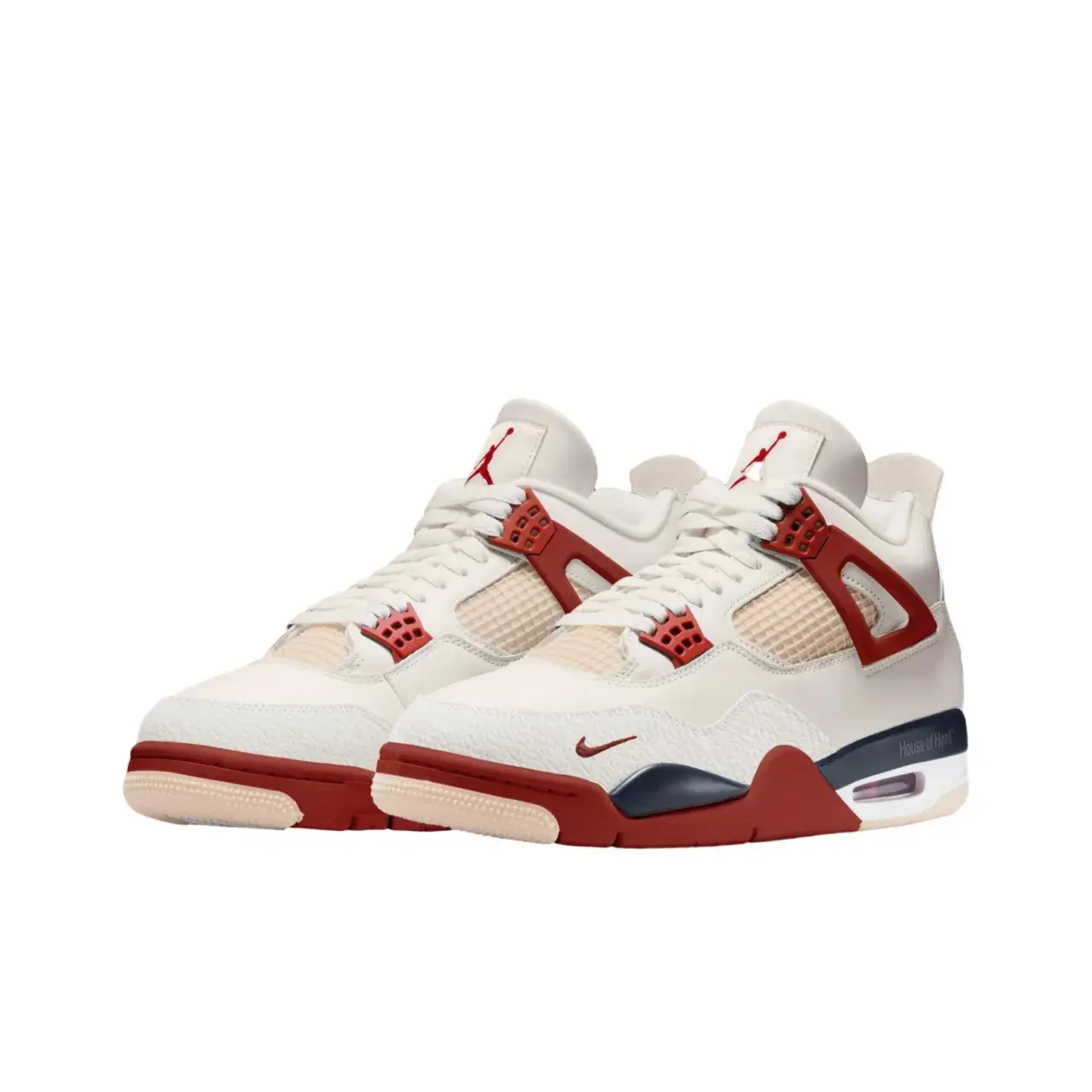 Off‑White Brick Red Mesh Leather Mid‑Top Basketball Shoes, Navy Accent Air Cushion Unisex Retro Trendy Casual Sneakers