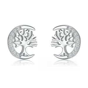 Cuafufu Sterling Silver Tree of Life and Crescent Moon Stud Earrings with Sparkling AAA Cubic Zirconia for Women & Teenager