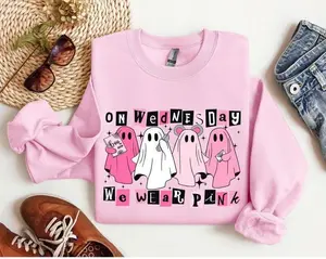 On Wednesday We Wear Pink Halloween Sweatshirt, Cute Pink Ghost T-Shirt, Mean Girls Halloween Tee, Boo Book Halloween Sweater, T-Shirt, Sweatshirt, Hoodie, Gift for Him, Gift for Her
