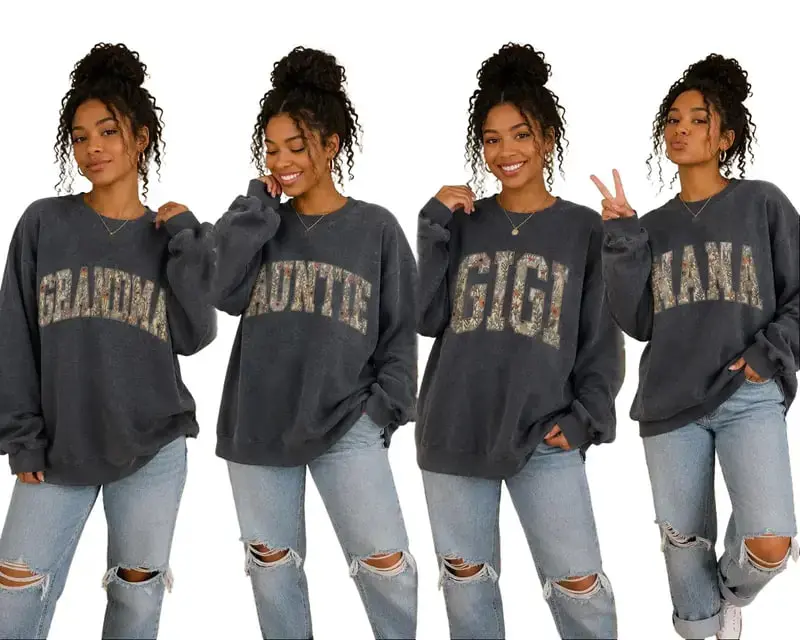 Grandma Gigi Nana Mimi Mama Auntie Floral Sweatshirt, Vintage Botanical Family Matching Sweatshirt and Mother’s Day Gift for Mom Grandma Nana Gigi Mimi Auntie, Floral Letter Graphic Crewneck | GHINI