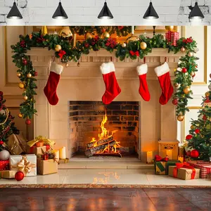 Christmas Backdrop 7x5 ft - Polyester Fabric Fireplace Backdrop Banner for Family Holiday Party Supplies