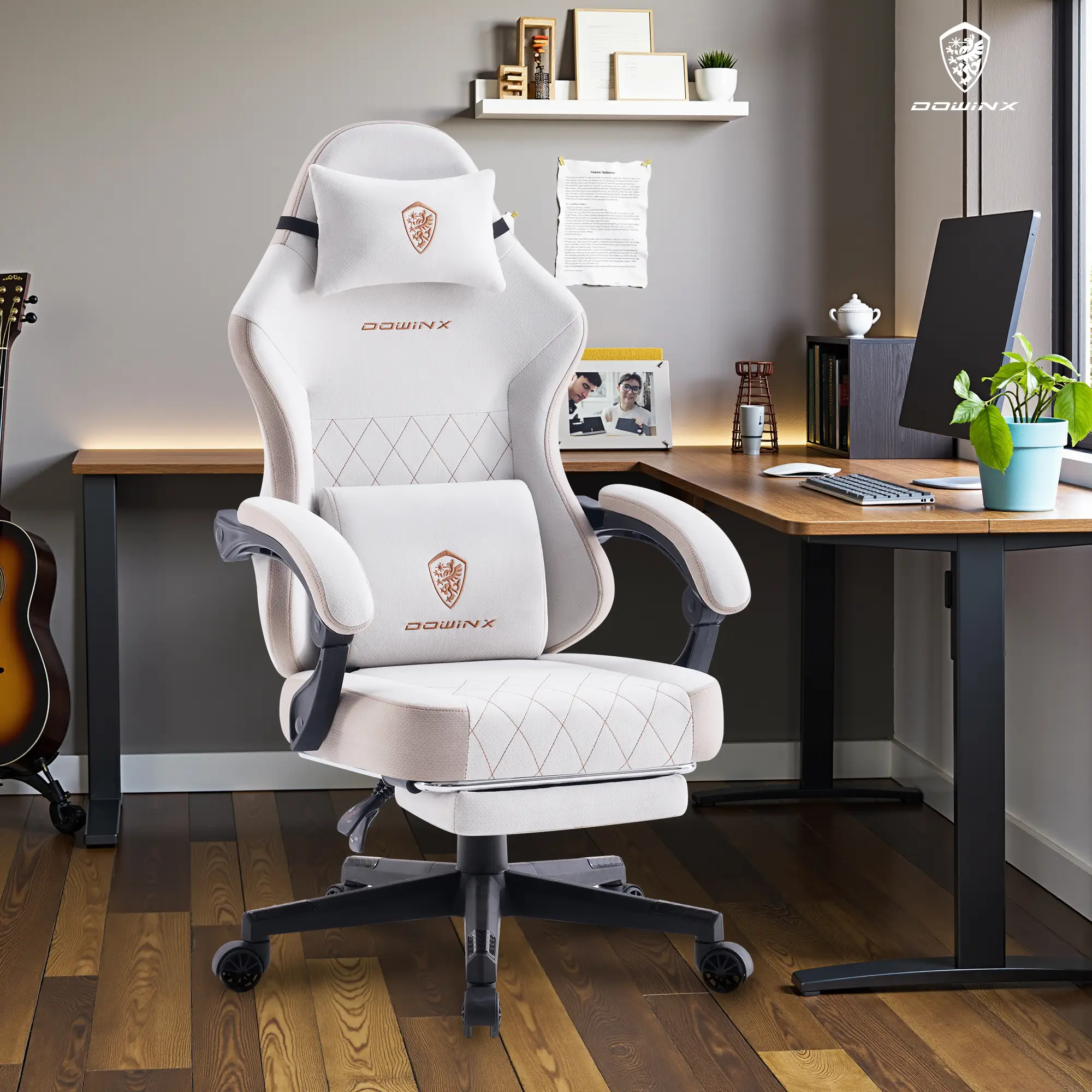 Dowinx Lumbar Massage Support office game Chair, spring cushion fabric, foot pedal ergonomic chair 300 LBS