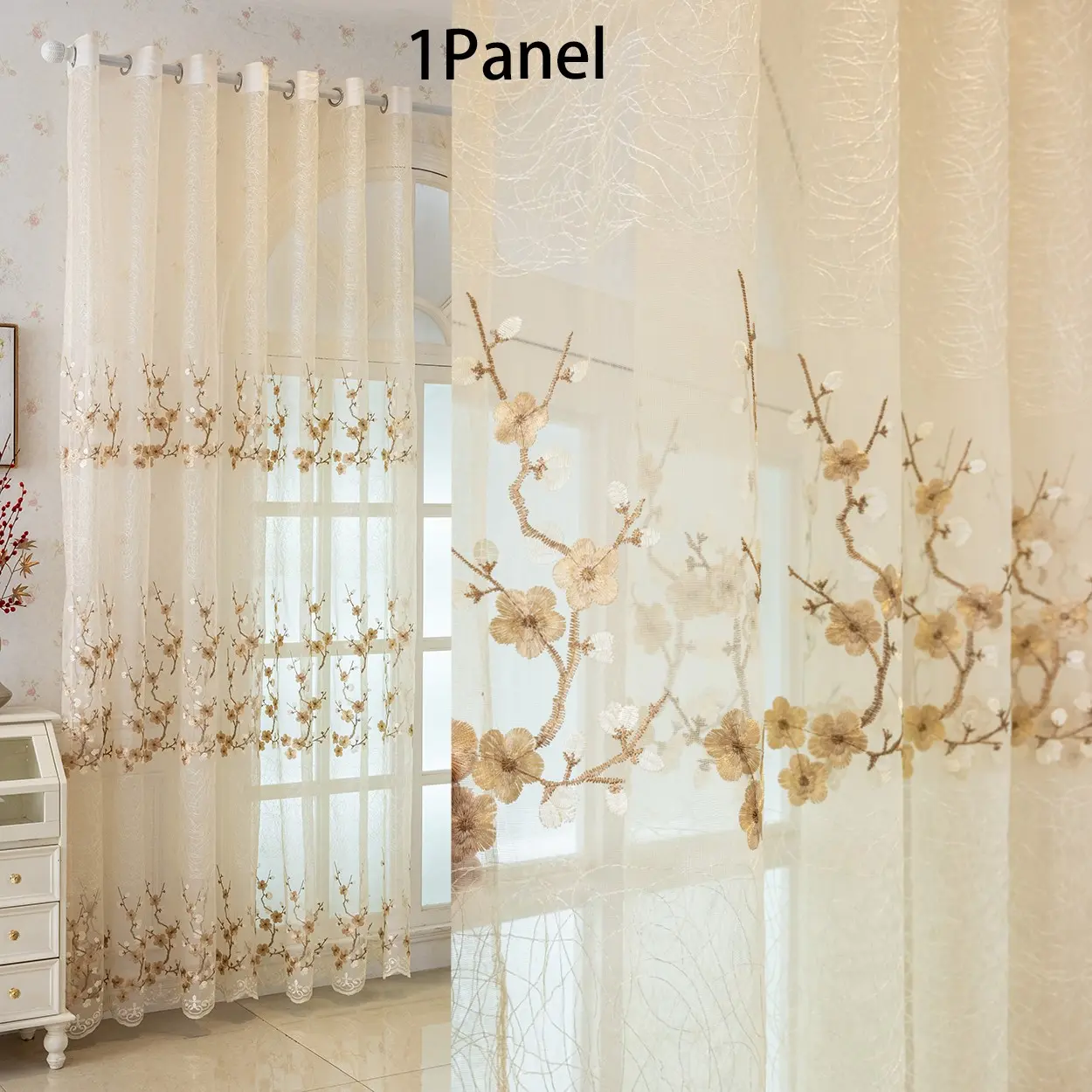 1panel European Style Embroidered Transparent Curtain, Ring Design, Easy Installation, Suitable for Living Room, Bedroom, Floor-To-Ceiling Windows