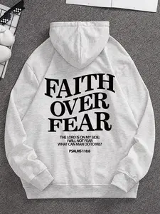 Men's Hoodie Presenting Strong Faith Over Fear Statement Print Combined With Inspirational Biblical Text Blending Trendy Design With Heartfelt Messaging to Elevate Your Casual Outfit Choices