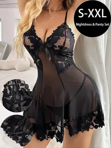 Women's Floral Lace Sexy Cami Nightdress Thong Lingerie Set Romantic Comfy Breathable Nightgown Panty Underwear Set Lace Trim Sleepwear Lounge Pajamas Soft Sheer Sleepwear