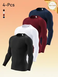 Men's 4-Piece Tight-Fitting Long Sleeve T-Shirt Set, Athletic Compression Shirts, Active Wear, Compression Quick-Dry Breathable Design, Ideal for Sports Fitness Outdoor Daily Wear