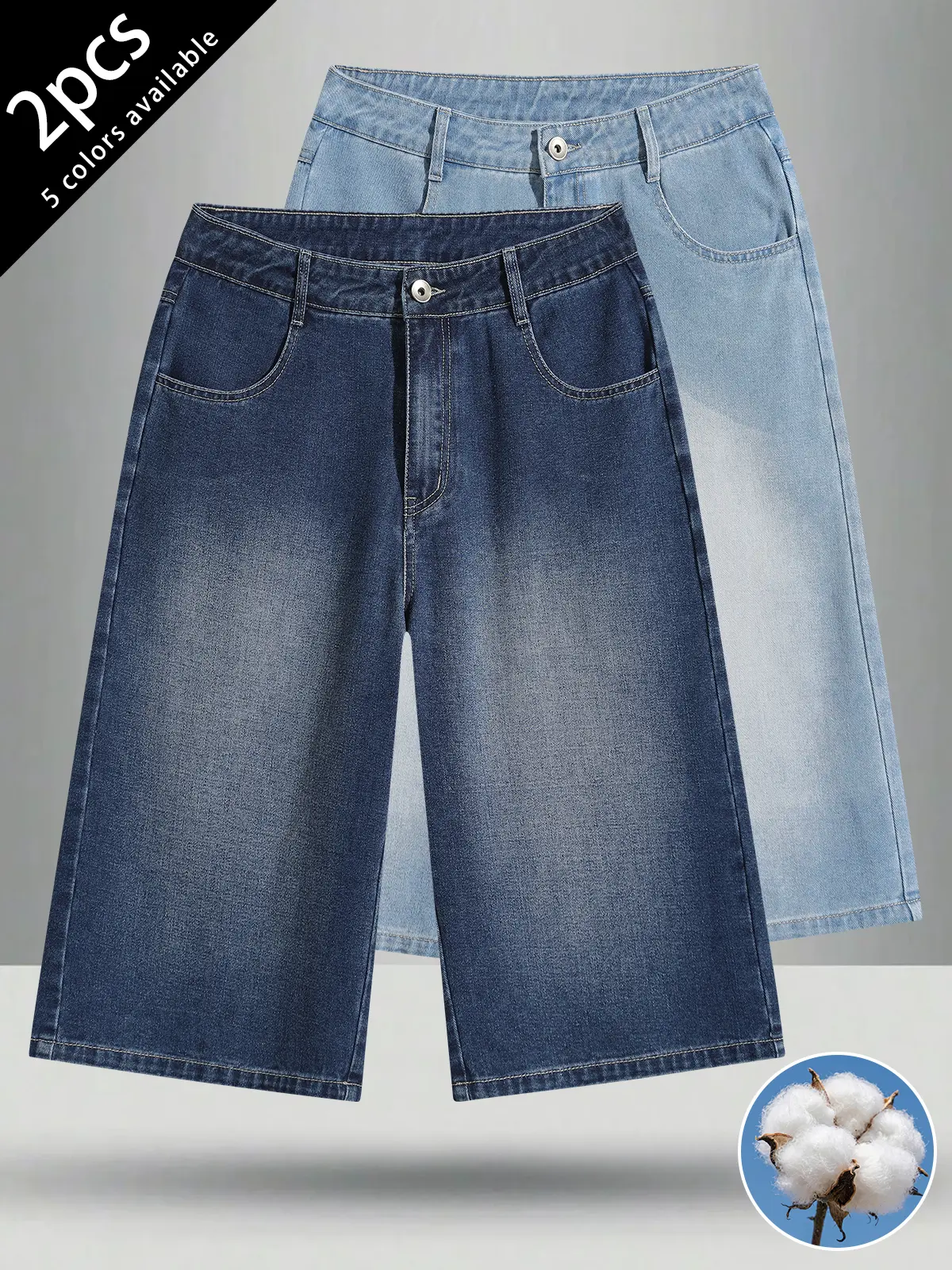 2-pack men’s shorts: cotton shorts, mid-thigh shorts, and loose cotton denim shorts.Button design at the front; loose straight cut that flatters the figure and is versatile—suits all body types.Available in multiple colors; versatile and matches any style